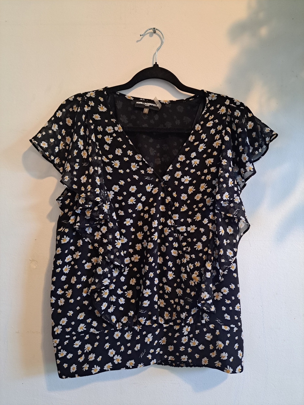 Karl Lagerfeld Black Floral Ruffle V-Neck Top